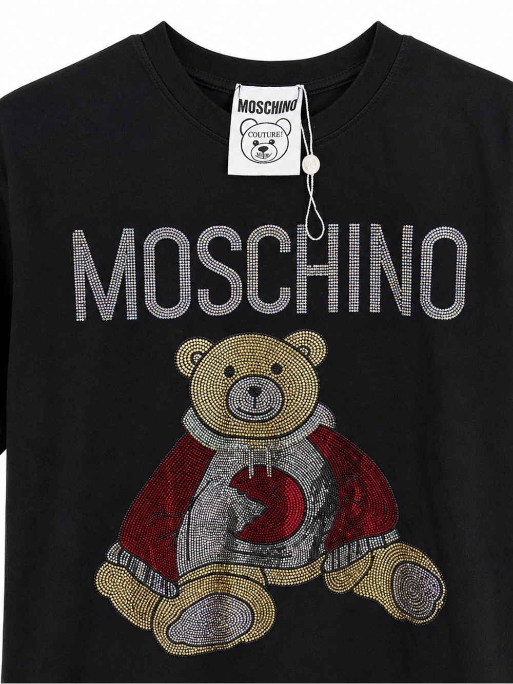 Moschino Teddy Bear Rhinestone Tee Y2K Luxury Streetwear Black Shirt - Picture 2 of 4